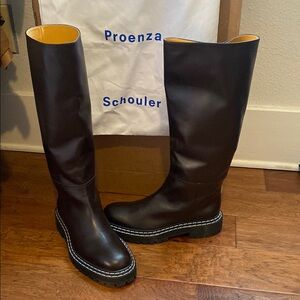 Proenza Schouler calfskin lug-sole tall moto boot in chocolate brown, NWOT